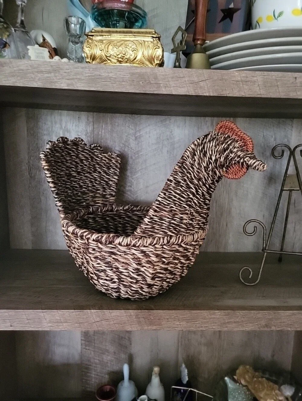 Vintagen Rooster Handwoven Seagrass Basket with Orange Accent